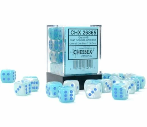 6-zijdige Gemini Dobbelstenen 12mm PEARL TURQUOISE-WHITE/BLUE LUMINARY (36 Dobbelstenen) -Spel Speelgoed Winkel chessex dice turquoise white blue luminary