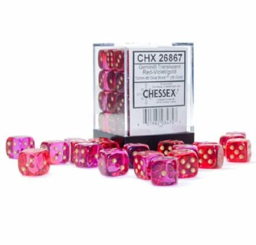 Doorzichtige 6-zijdige Gemini Dobbelstenen 12mm RED-VIOLET/GOLD (36 Dobbelstenen) -Spel Speelgoed Winkel chx26867 dice