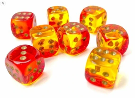 Doorzichtige 6-zijdige Gemini Dobbelstenen 12mm RED-YELLOW/GOLD (36 Dobbelstenen) -Spel Speelgoed Winkel chx26868 gemini red yellow with gold