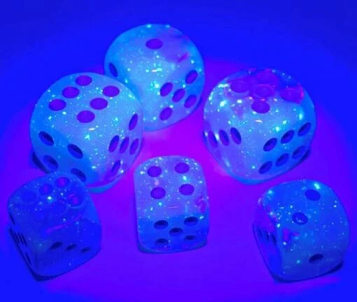 6-zijdige Gemini Dobbelstenen 12mm PEARL TURQUOISE-WHITE/BLUE LUMINARY (36 Dobbelstenen) -Spel Speelgoed Winkel glow in the dark dobbelstenen