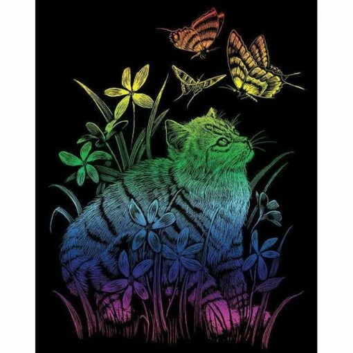 Krastekening Kitten Met Vlinders (in Regenboogkleuren) -Spel Speelgoed Winkel krastekening kitten met vlinders