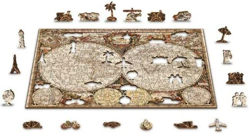Wooden Puzzle Antique World Map XL (600) -Spel Speelgoed Winkel vormlegpuzzel antique wereld 1